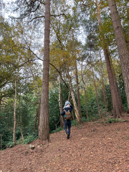 Tom Foley and his son walk through the woods. Autumn leaves cover the ground.